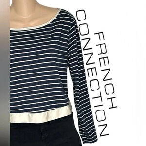 French Connection Cream & Blue Striped Cropped Nautical L/S Top Bows Petite XL